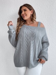 SHEIN Essnce Plus Cable Knit Asymmetrical Neck Drop Shoulder Jumper - Grey - View 6