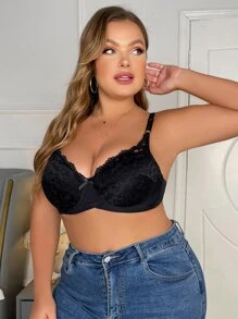 Plus Floral Lace Bow Detail Underwire Bra - Black - View 4