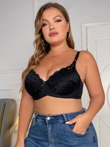 Plus Floral Lace Bow Detail Underwire Bra - Black - View 5