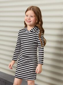 SHEIN Young Girl Casual Versatile Soft Knit Black & White Striped Hooded Straight Fitted Dress