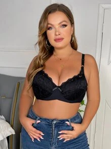 Plus Floral Lace Bow Detail Underwire Bra - Black - View 2