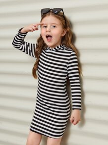 SHEIN Young Girl Casual Versatile Soft Knit Black & White Striped Hooded Straight Fitted Dress