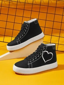 SheIn Unity Heart Pattern High Top Lace-up Front Canvas Shoes - Black - View 1