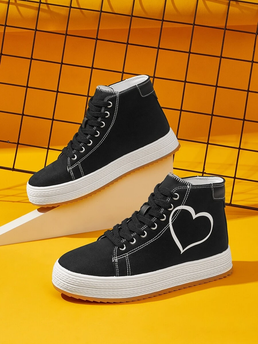 SheIn Unity Heart Pattern High Top Lace-up Front Canvas Shoes - Black - View 1
