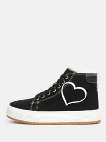 SheIn Unity Heart Pattern High Top Lace-up Front Canvas Shoes - Black - View 2