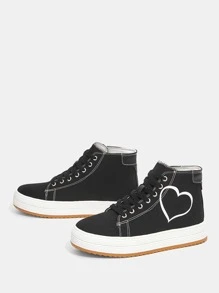 SheIn Unity Heart Pattern High Top Lace-up Front Canvas Shoes - Black - View 3