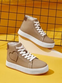 Heart Pattern High Top Lace-up Front Canvas Shoes - Khaki - View 1