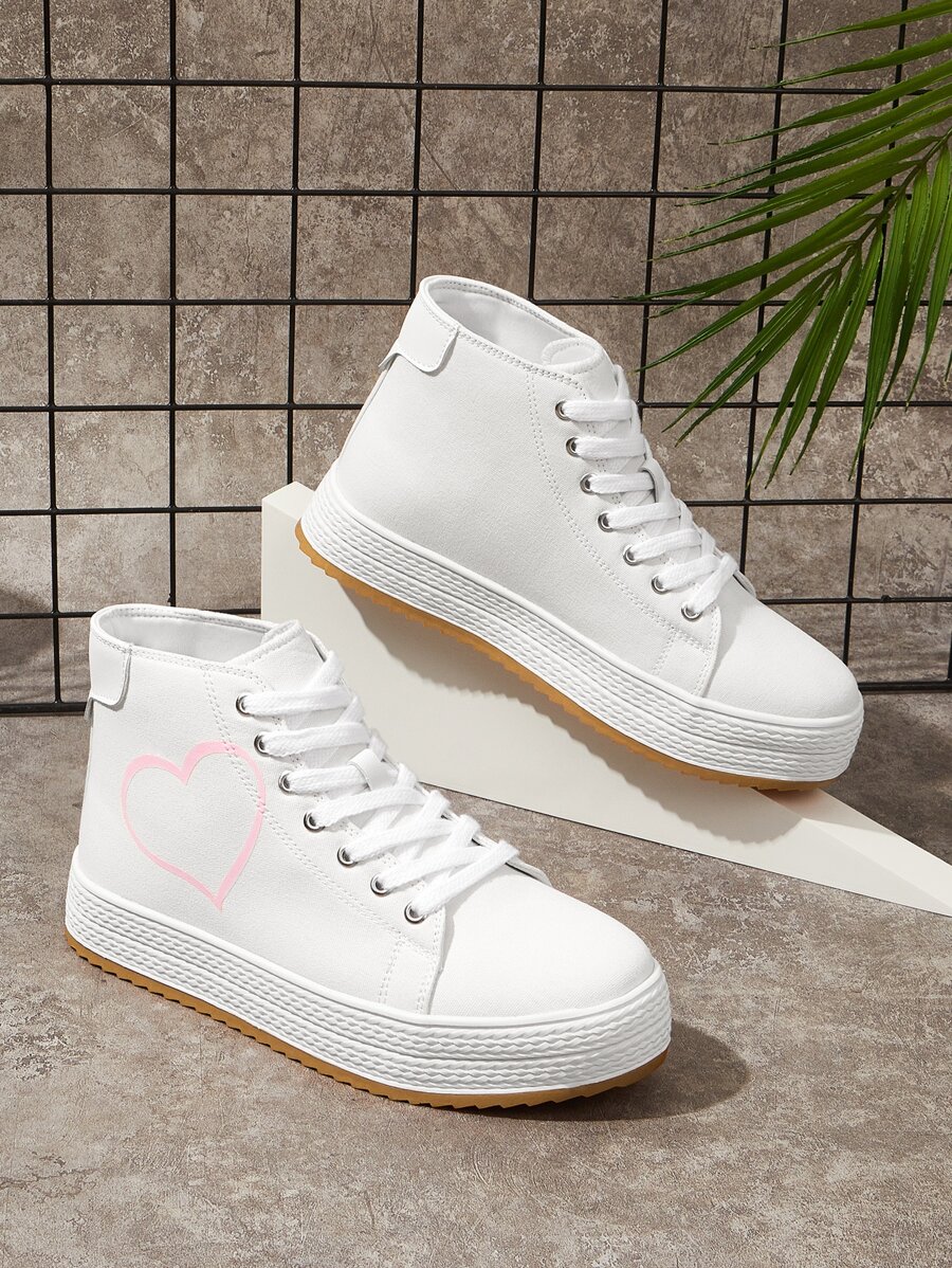 Heart Pattern High Top Lace-up Front Canvas Shoes - White - View 1
