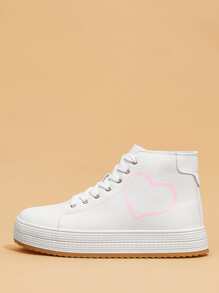 Heart Pattern High Top Lace-up Front Canvas Shoes - White - View 2