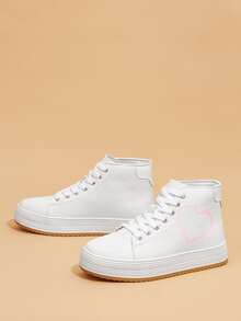 Heart Pattern High Top Lace-up Front Canvas Shoes - White - View 3