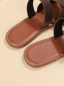 休閒戶外平底拖鞋適用於女士交叉人造皮革露趾涼拖 - 咖啡棕 - 查看 3