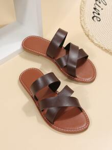 休閒戶外平底拖鞋適用於女士交叉人造皮革露趾涼拖 - 咖啡棕 - 查看 4