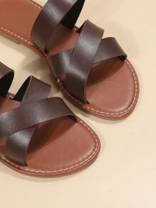 休閒戶外平底拖鞋適用於女士交叉人造皮革露趾涼拖 - 咖啡棕 - 查看 7