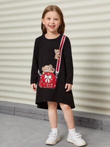 SHEIN Đầm bé gái Cao thấp Hoạt hình Giải trí - màu đen - Xem 3