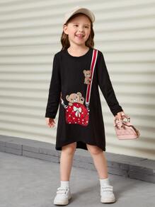 SHEIN Đầm bé gái Cao thấp Hoạt hình Giải trí - màu đen - Xem 4