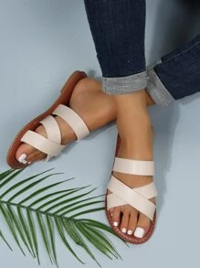 Elegant Beige Sandals For Women, Criss Cross Strap Slide Sandals - Beige - View 2