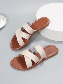 Elegant Beige Sandals For Women, Criss Cross Strap Slide Sandals - Beige - View 3