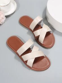 Elegant Beige Sandals For Women, Criss Cross Strap Slide Sandals - Beige - View 5