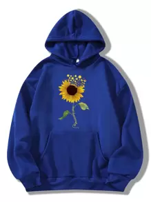 SHEIN EZwear Slogan & Sunflower Print Kangaroo Pocket Drawstring Thermal Hoodie - Blue - View 1