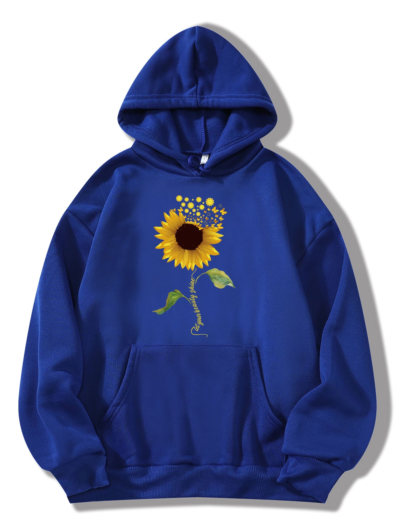 SHEIN EZwear Slogan & Sunflower Print Kangaroo Pocket Drawstring Thermal Hoodie - Blue - View 1