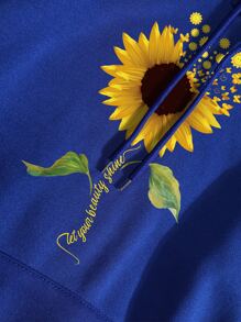 SHEIN EZwear Slogan & Sunflower Print Kangaroo Pocket Drawstring Thermal Hoodie - Blue - View 8