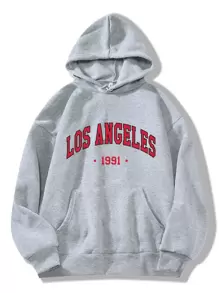 INAWLY Letter Graphic Kangaroo Pocket Drawstring Thermal Hoodie - Grey - View 1