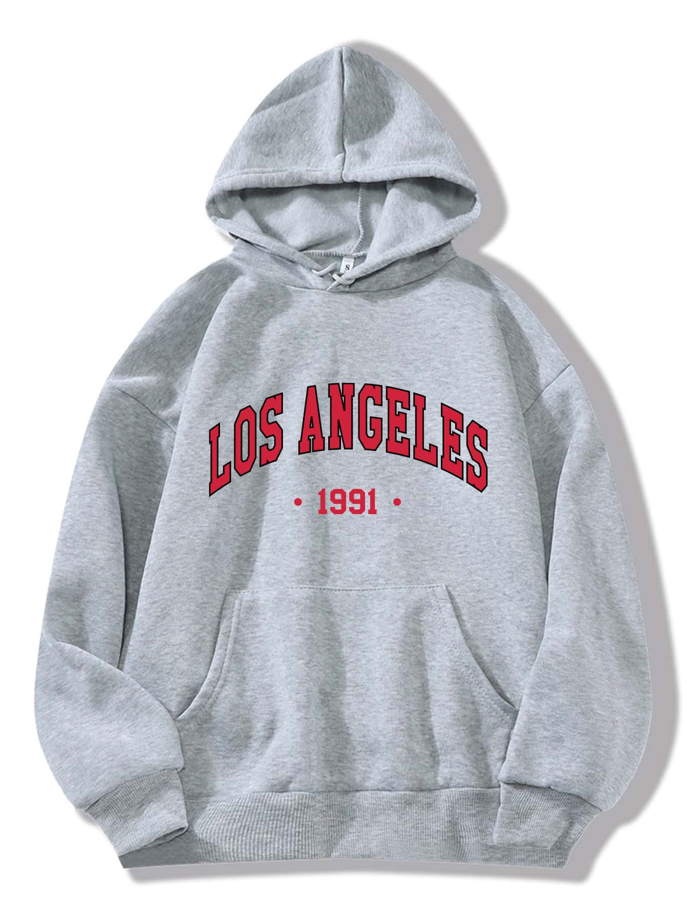 INAWLY Letter Graphic Kangaroo Pocket Drawstring Thermal Hoodie - Grey - View 1