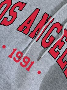 INAWLY Letter Graphic Kangaroo Pocket Drawstring Thermal Hoodie - Grey - View 8