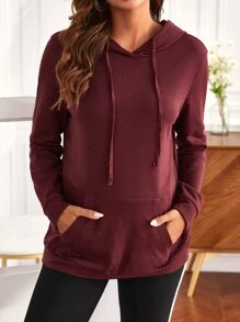SHEIN Maternity Kangaroo Pocket Nursing Drawstring Hoodie - Burgundy - View 1