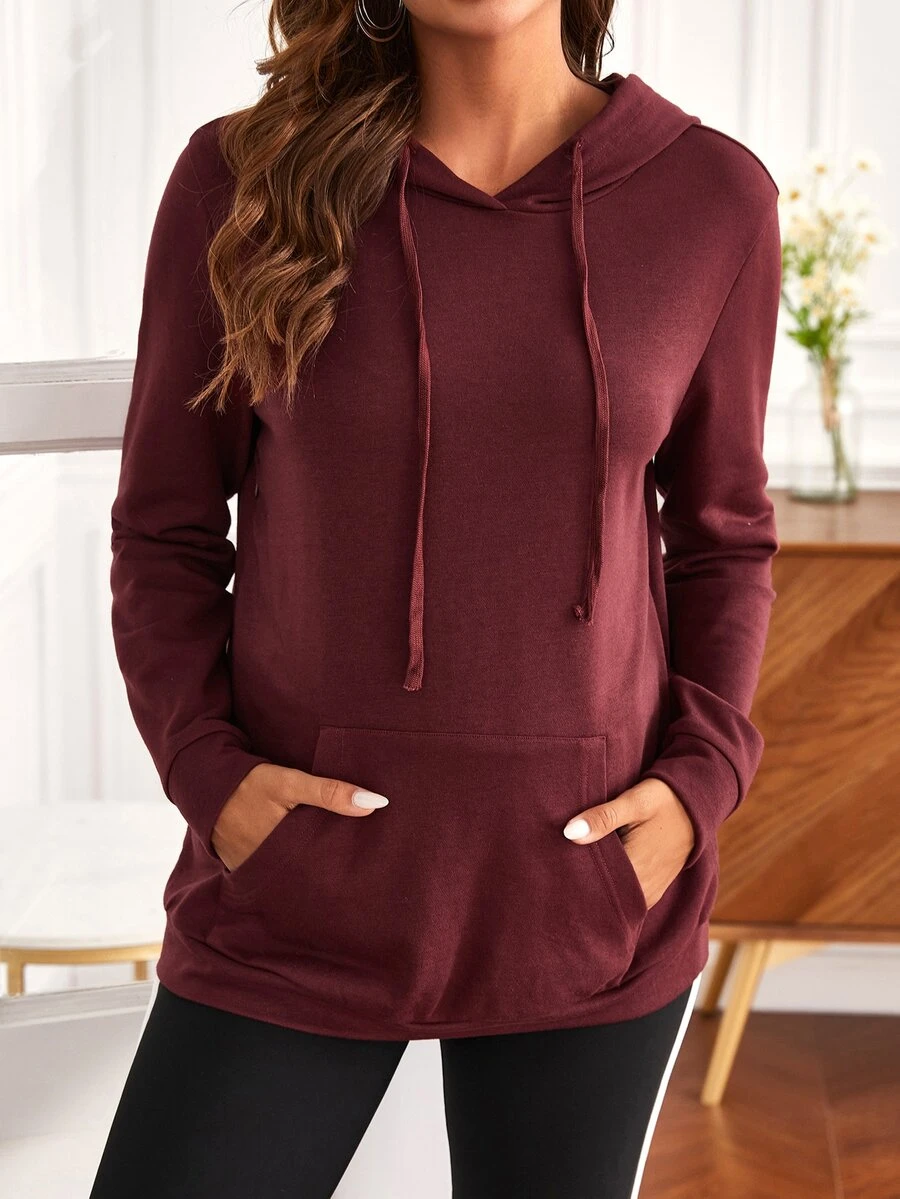 SHEIN Maternity Kangaroo Pocket Nursing Drawstring Hoodie - Burgundy - View 1
