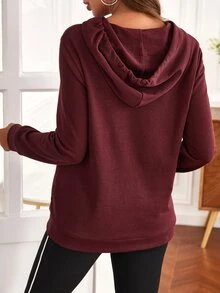 SHEIN Maternity Kangaroo Pocket Nursing Drawstring Hoodie - Burgundy - View 2