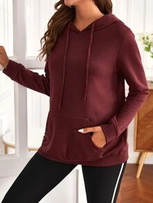 SHEIN Maternity Kangaroo Pocket Nursing Drawstring Hoodie - Burgundy - View 3