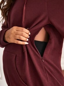 SHEIN Maternity Kangaroo Pocket Nursing Drawstring Hoodie - Burgundy - View 5