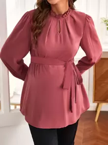 SHEIN Áo sơ mi Bà bầu Thắt lưng Nút viền lá sen màu trơn Thanh lịch - Màu hồng gỉ - Xem 2