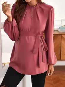 SHEIN Áo sơ mi Bà bầu Thắt lưng Nút viền lá sen màu trơn Thanh lịch - Màu hồng gỉ - Xem 4