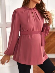 SHEIN Áo sơ mi Bà bầu Thắt lưng Nút viền lá sen màu trơn Thanh lịch - Màu hồng gỉ - Xem 5