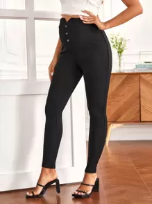 SHEIN Maternity Button Front Skinny Trousers - Black - View 3