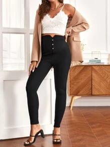 SHEIN Maternity Button Front Skinny Trousers - Black - View 4