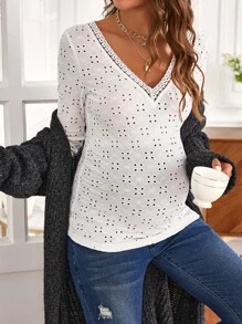 SHEIN 孕婦蕾絲邊網眼刺繡T恤 - 白色 - 查看 3