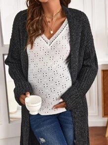 SHEIN 孕婦蕾絲邊網眼刺繡T恤 - 白色 - 查看 4