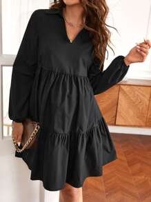 SHEIN Maternity Lantern Sleeve Ruffle Hem Smock Dress - Black - View 1