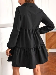 SHEIN Maternity Lantern Sleeve Ruffle Hem Smock Dress - Black - View 2