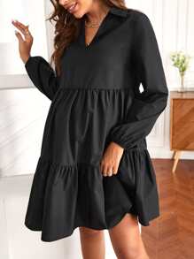 SHEIN Maternity Lantern Sleeve Ruffle Hem Smock Dress - Black - View 3