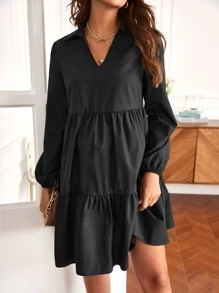 SHEIN Maternity Lantern Sleeve Ruffle Hem Smock Dress - Black - View 4