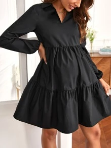 SHEIN Maternity Lantern Sleeve Ruffle Hem Smock Dress - Black - View 5