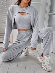 SHEIN Unity Drop Shoulder Super Crop Pullover & Joggers & Tank Top - Grey - View 1