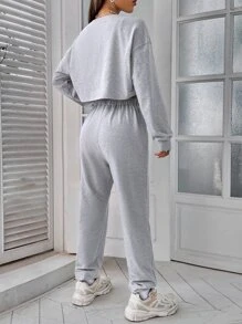 SHEIN Unity Drop Shoulder Super Crop Pullover & Joggers & Tank Top - Grey - View 2