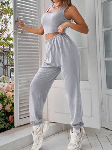 SHEIN Unity Drop Shoulder Super Crop Pullover & Joggers & Tank Top - Grey - View 3