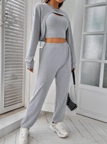 SHEIN Unity Drop Shoulder Super Crop Pullover & Joggers & Tank Top - Grey - View 5