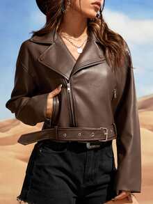 SHEIN Coolane Drop Shoulder Belted PU Biker Jacket - Chocolate Brown - View 6